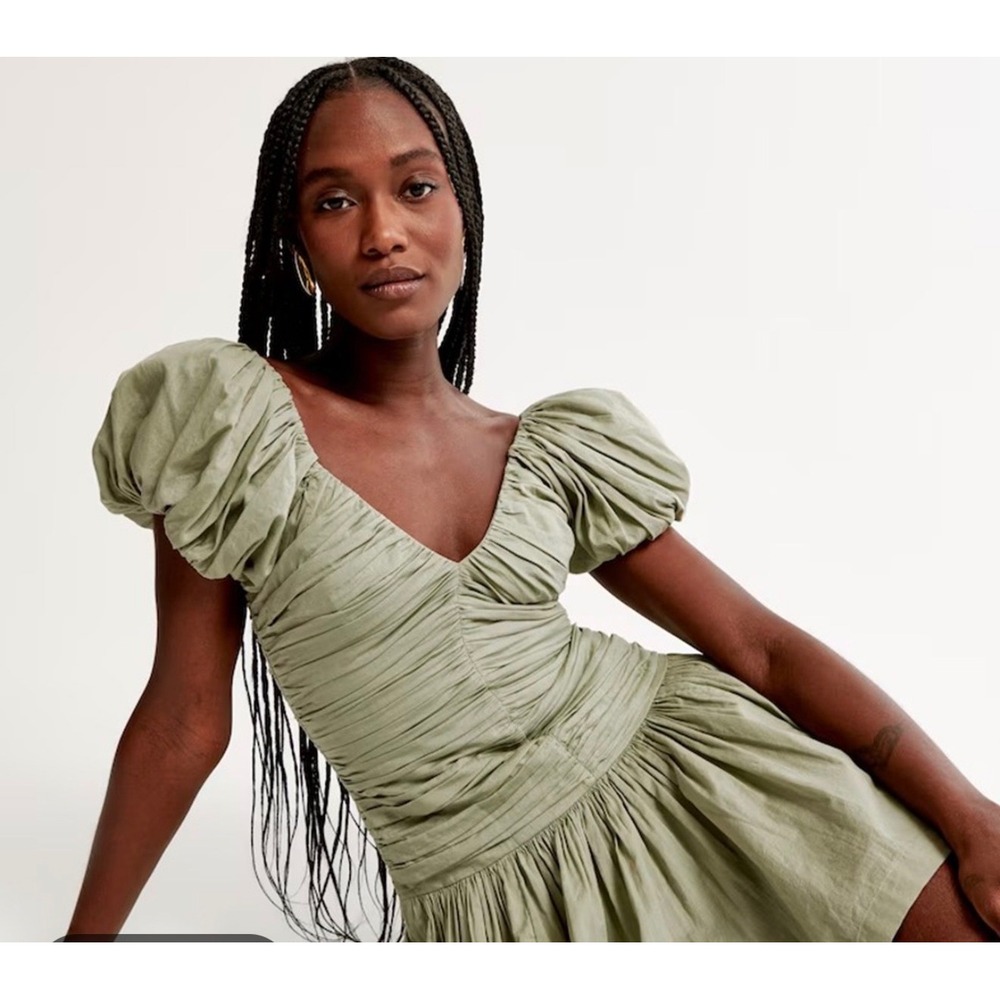 Abercrombie & Fitch Ruched Puff Sleeve Mini Dress Olive Green Sage V-Neck Dress - Picture 2 of 6